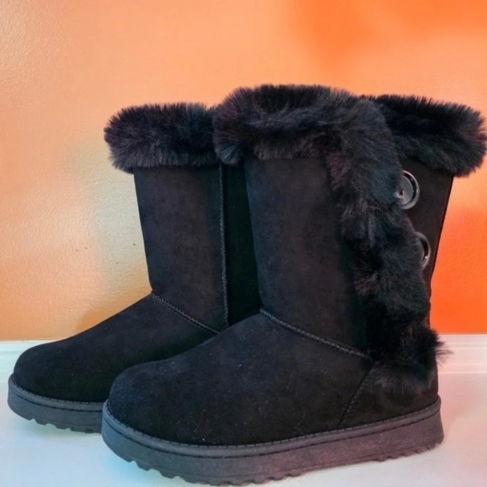 Black Faux Suede Mid-Calf Winter Boots with Faux Fur Trim and Button Detail Cozy